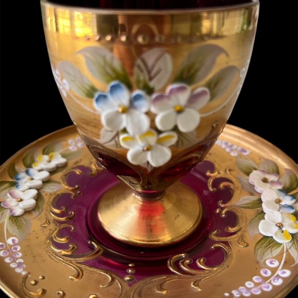 MURANO GLASS TEACUP SAUCER SET ITALY Venetian Hand Painted, Raised Floral Design - Picture 3 of 10